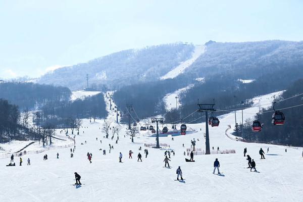 游客在吉林省吉林市萬(wàn)科松花湖滑雪場(chǎng)滑雪