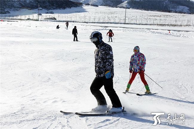 在白云國(guó)際滑雪場(chǎng)內(nèi)，雪友們正在初級(jí)道上滑雪。